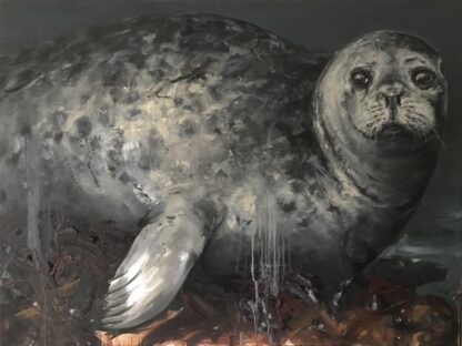 A contemporary oil painting on canvas, showing a portrait of an Irish seal: the beauty of animal nature, wild and not yet fully tamed, unpredictable. The large size of the canvas creates an interesting effect, the animal fills it to the edges, thus marking its undeniable existence.